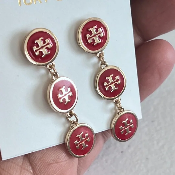 Tory Burch Gold-Tone Red Enamel Triple Drop Logo Earrings - Picture 5 of 13